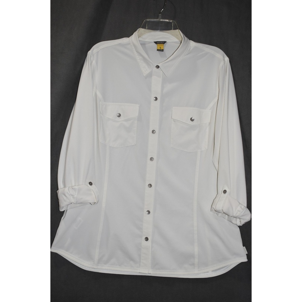 Eddie Bauer XL Women Departure Shirt Ivory Roll Tab Sleeve Button Up Stretch - Picture 4 of 16